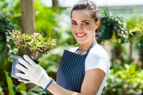 A young woman with dark hair pulled back, wearing a white shirt, a dark striped apron, and white gardening gloves, stands outdoors in a lush garden with vibrant green foliage, potted plants, and a wooden post. She is holding a small potted shrub with green, purple-tinted leaves, smiling at the camera. The background features dense greenery with various plants and flowers, suggesting active gardening or landscaping work in a well-maintained outdoor space typical of Maida Vale, London, with soft natural lighting indicating a clear day. This scene exemplifies professional gardening services by Landscapers Maida Vale, focusing on plant care and garden enhancement in a residential garden setting.