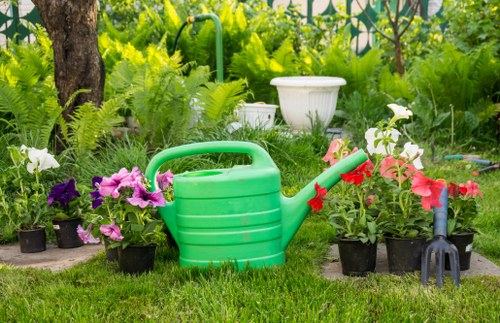 A garden scene featuring a neatly maintained grassy lawn with a variety of potted flowering plants, including pink and purple petunias, and green foliage surrounding a central watering can made of bright green plastic. In the background, there are mature trees and lush shrubbery providing natural shade and privacy, with a white plant pot situated among the greenery. The garden appears well-kept, with a focus on outdoor plant care and maintenance, characteristic of professional gardening services in the Maida Vale area. The scene is illuminated by soft natural daylight, suggesting mild weather conditions, and the garden layout includes a mix of flower beds and open grassy space, typical of a landscaped outdoor environment suitable for regular lawn and garden upkeep by landscapers like Landscapers Maida Vale.