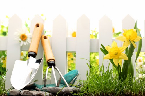 A close-up of a well-maintained garden section in a residential outdoor space, featuring a white picket fence in the background with vibrant yellow daffodils and white daisies growing along the base. In the foreground, there are gardening tools including a hand trowel and a cultivator with wooden handles, placed on the soil surface. The garden area shows lush, green grass with dense, healthy blades, surrounding flowerbeds bordered by dark soil. The scene suggests a spring or early summer setting with natural sunlight illuminating the plants and tools, indicative of ongoing gardening or planting activities that Landscapers Maida Vale might undertake in local gardens in the Maida Vale area of London. The space is clean and organized, ideal for landscaping and planting services aimed at enhancing outdoor aesthetics and horticultural health.